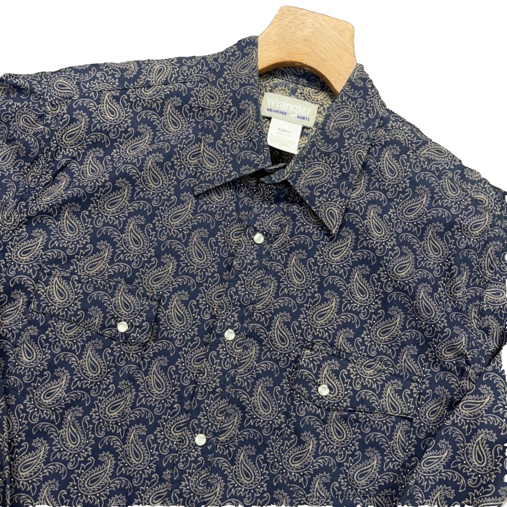 Wrangler Western Shirt Mens XL Paisley Snap Long Sleeve Blue Pearl Snap Cowboy‎